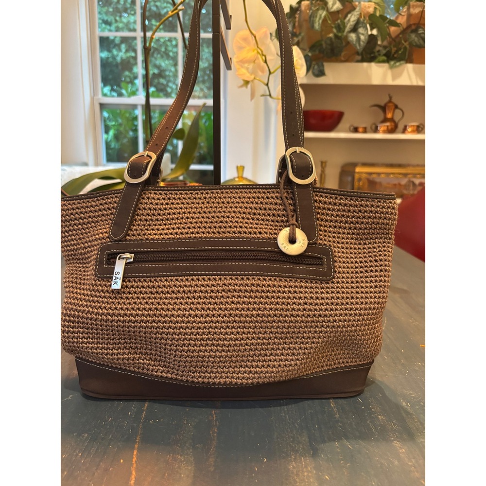 The Sak Crochet Shoulder Bag Brown Knit Tote with Adjustable Straps